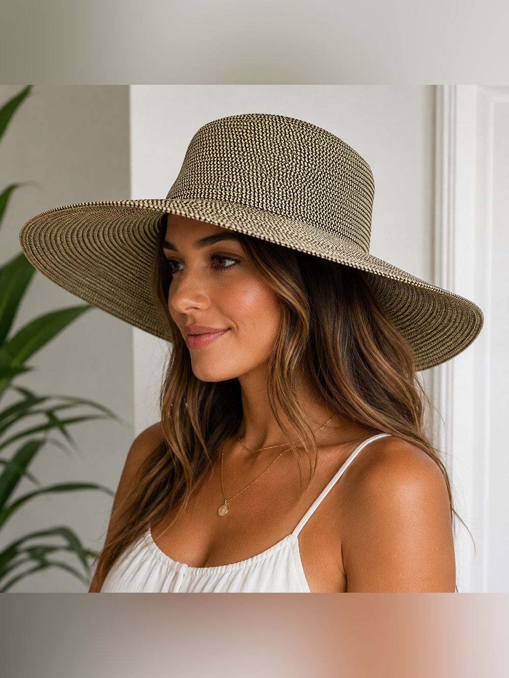 D&Y‎ Two-Tone Wide Brim Straw Hat - Beige & Black